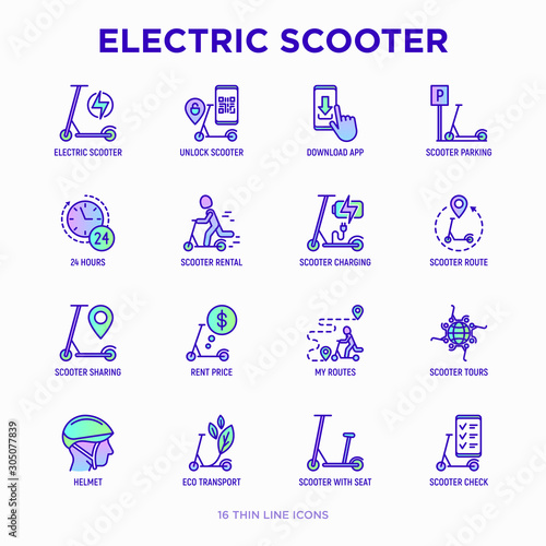 Electric scooter thin line icons set: sharing service, mobile app, QR code, parking, helmet, eco transport, pointer. Modern vector illustration.