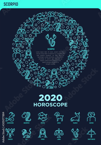 Horoscope concept in circle with thin neon line icons. Zodiac signs: capricorn, aquarius, aries, pisces, virgo, libra, scorpio. Web page template with copy space. Modern vector illustration.