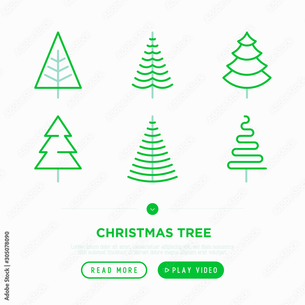 Christmas tree in different shapes. Minimalistic simple thin line icons. Vector illustration for greeting card, Christmas and New Year decoration. Christmas tree in different shapes. Minimalistic simple thin line icons. Vector illustration for greeting card, Christmas and New Year decoration.