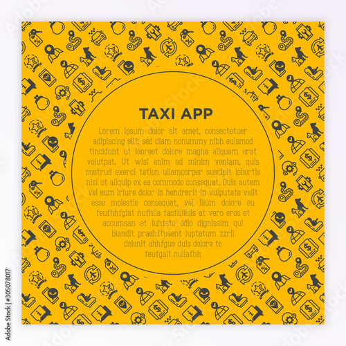 Taxi app concept with thin line icons: payment method, promocode, app settings, info, support service, phone number, route, destination, airport transfer, baby seat. Vector illustration.