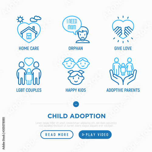 Child adoption thin line icons set: adoptive parents, helping hand, orphan, home care, LGBT couple with child, custody, caregivers, happy kid. Modern vector illustration.