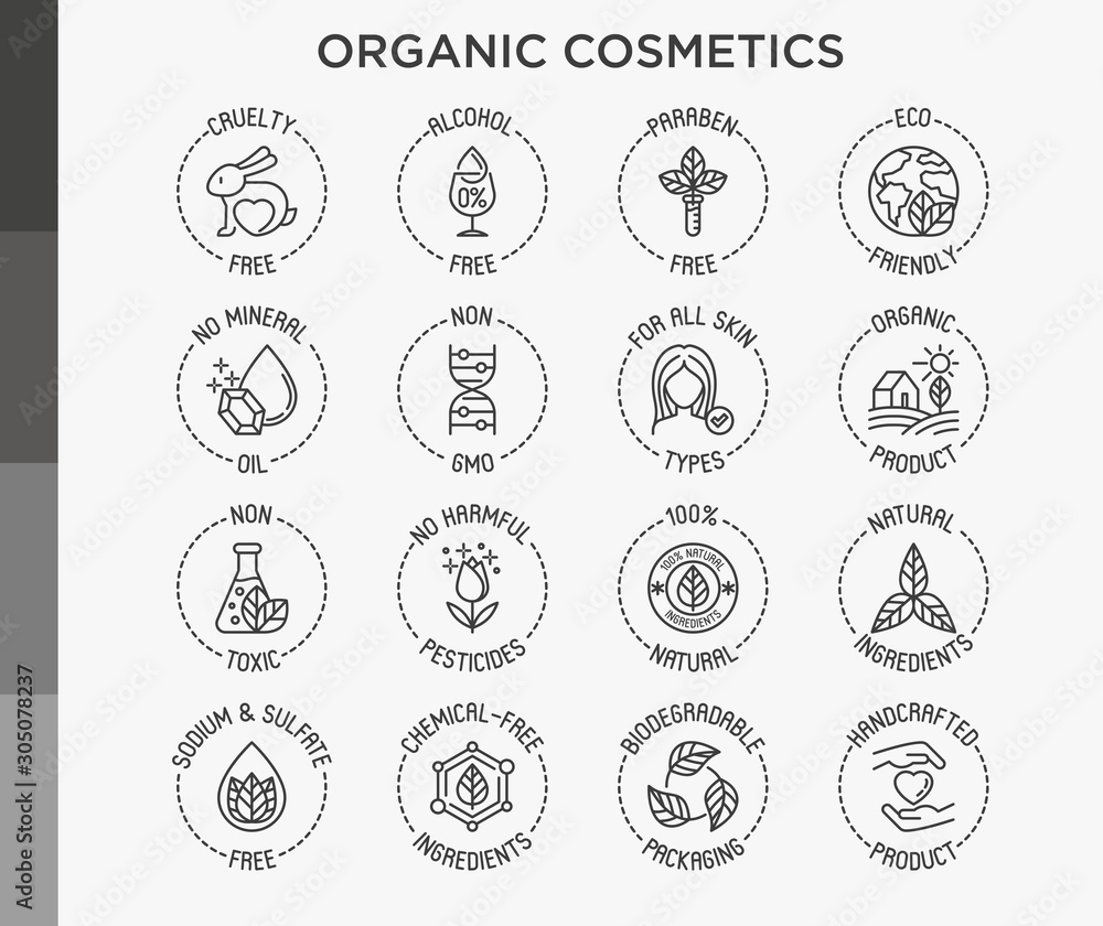 Organic cosmetics set of thin line icons for product packaging. Cruelty free, 0% alcohol, natural ingredients, paraben free, eco friendly, no mineral oil, non GMO. Modern vector illustration. - obrazy, fototapety, plakaty 