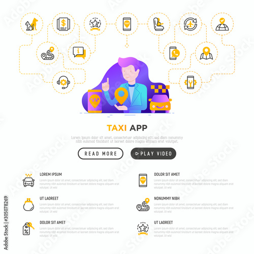 Man using taxi app. Web page template with thin line icons: payment method, promocode, app settings, info, support service, phone number, location, pointer, route, destination. Vector illustration.