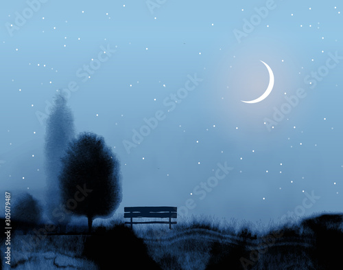 Traditional Japanese ink painting sumi-e. Three trees and a bench on the grass. Blue minimalistic night landscape with stars and crescent moon.