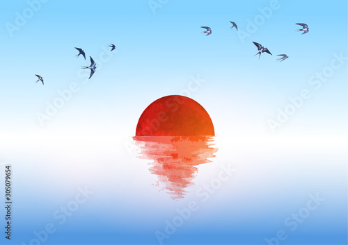 Sunrise sun reflecting in water and small swallow birds in blue sky. Traditional oriental ink painting sumi-e, u-sin, go-hua.
