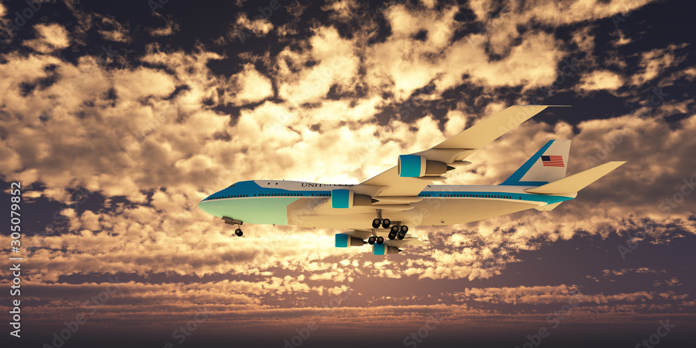 airplane in sunset sky, 3d rendering airplane in sunset sky, 3d rendering