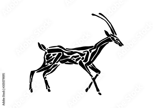 Antelope animal decorative vector illustration painted by ink, hand drawn grunge cave painting, black isolated silhouette on white background