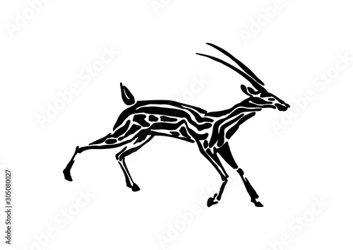 Gazelle animal decorative vector illustration painted by ink, hand drawn grunge cave painting, black isolated running silhouette on white background