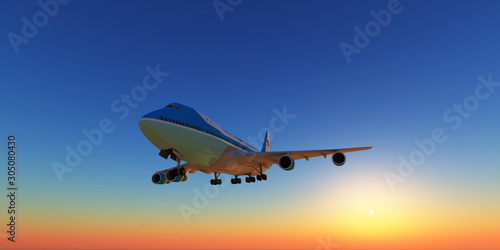 airplane in sunset sky, 3d rendering