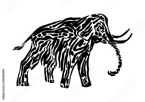 Mammoth animal decorative vector illustration painted by ink, hand drawn grunge cave painting, black isolated silhouette on white background