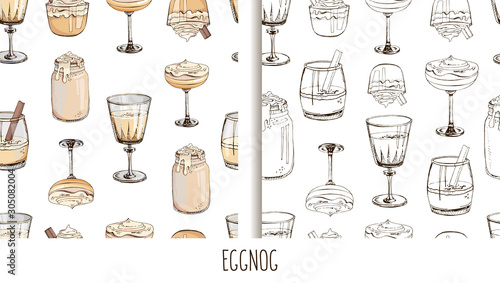 Set of hand drawn vector seamless patterns with hot winter drinks isolated on white background. Eggnog. Fashion textile print for New Year. Endless texture. Cover for planner, notebook. Lettering