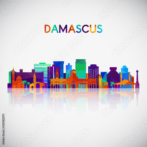 Damascus skyline silhouette in colorful geometric style. Symbol for your design. Vector illustration.