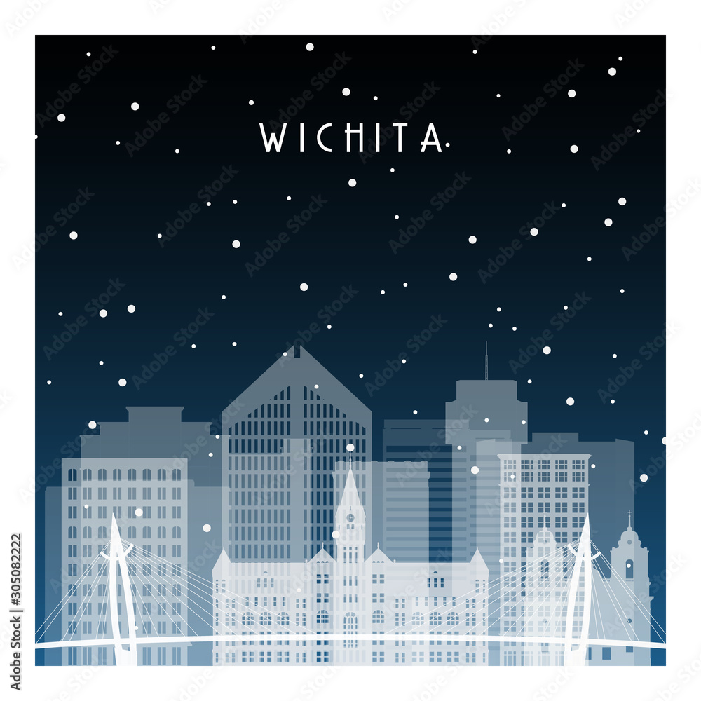 Winter night in Wichita. Night city in flat style for banner, poster, illustration, background.