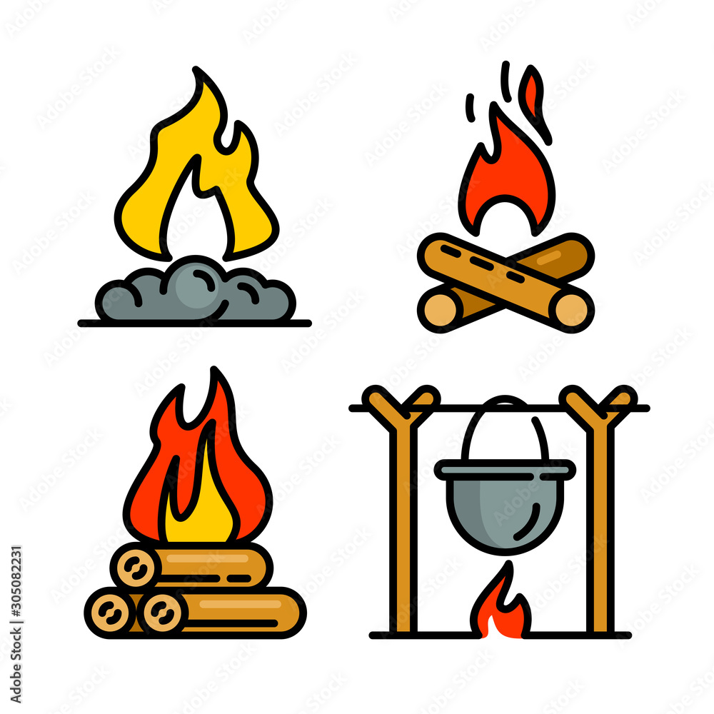 Campfire icons set. Outline set of campfire vector icons for web design isolated on white background Campfire icons set. Outline set of campfire vector icons for web design isolated on white background