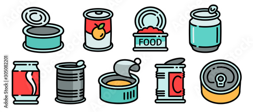 Tin can icons set. Outline set of tin can vector icons for web design isolated on white background