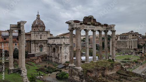  Roman Forum Temple of Saturn. Italy. Foro Romano in cloudy weather