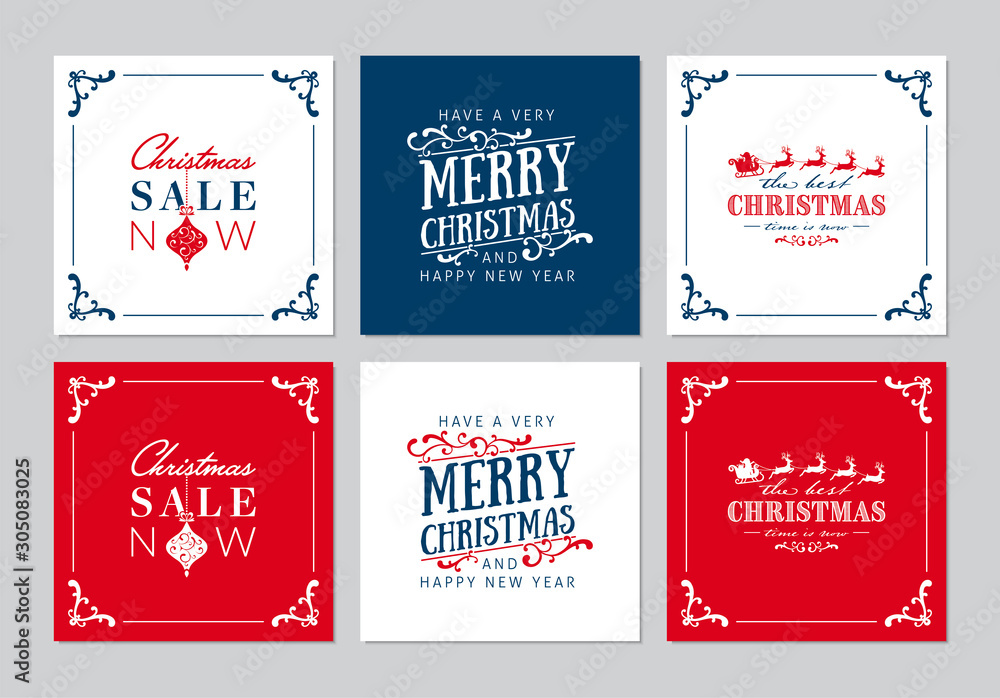 Merry Christmas square cards set with hand drawn elements. Doodles and sketches vector Christmas illustrations.
