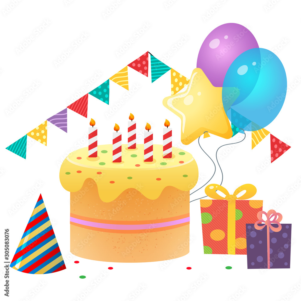 Children's birthday. Color image of holiday cake with gifts and balloons on white background. Festive invitation. Vector illustration. Children's birthday. Color image of holiday cake with gifts and balloons on white background. Festive invitation. Vector illustration.