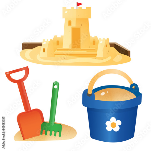 Color images of children's scoop with bucket and sand castle on white background. Outdoors games. Vector illustration set.