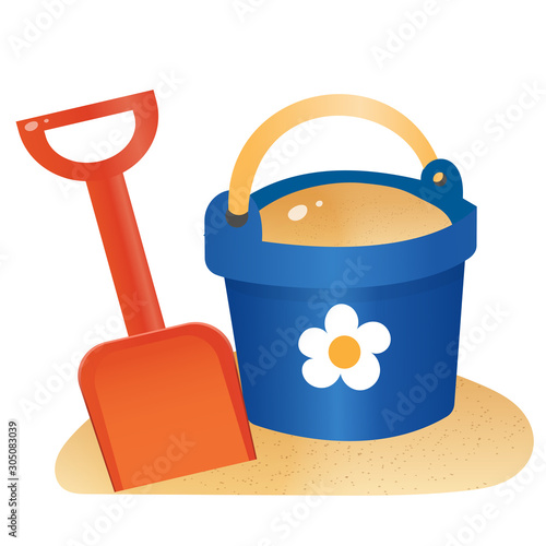 Color image of children's toy shovel with bucket on white background. Outdoors games in sandbox. Vector illustration.