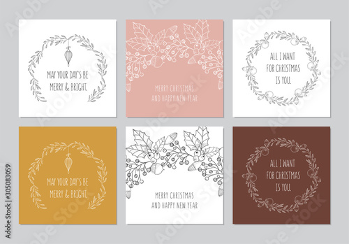 Merry Christmas square cards set with hand drawn elements. Doodles and sketches vector Christmas illustrations.