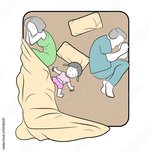 the child lies on the bed dispersing the parents. children in the house. all the best to children. vector illustration.