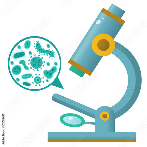 Color image of microscope on white background. Study of microorganisms and bacteria. Vector illustration for kids.