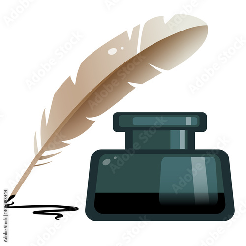 Color image of inkwell with feather pen on white background. Vector illustration.