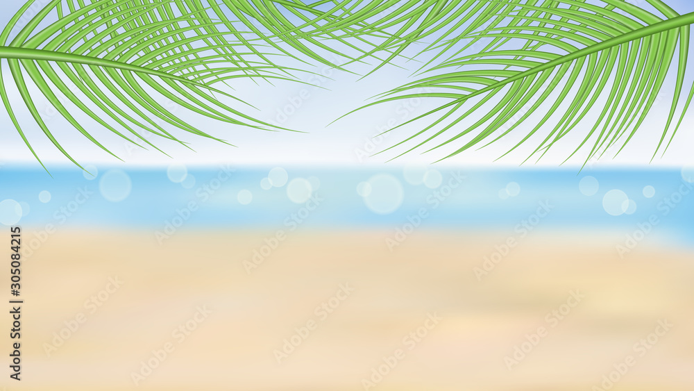 Summer beach and palm trees on the tropical sea background, vector illustration