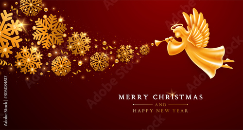 Christmas And New Year Greeting Card Template With Golden Angel