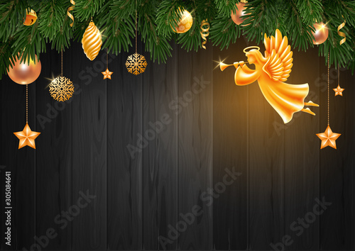 Christmas And New Year Greeting Card Template With Golden Angel And Christmas Decorations
