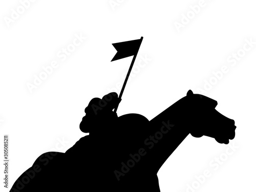 Silhouette of a knight on a horseback on white background