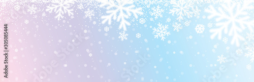 Christmas banner with white blurred snowflakes. Merry Christmas and Happy New Year greeting banner. Horizontal new year background  headers  posters  cards  website. Vector illustration