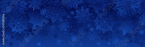Blue christmas banner with snowflakes. Merry Christmas and Happy New Year greeting banner. Horizontal new year background, headers, posters, cards, website.Vector illustration
