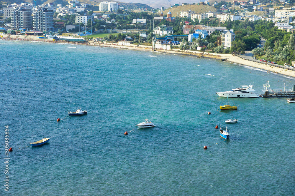 Cape Black sea in the village of Ordzhonikidze in the Crimea,.boats and boats in the bay