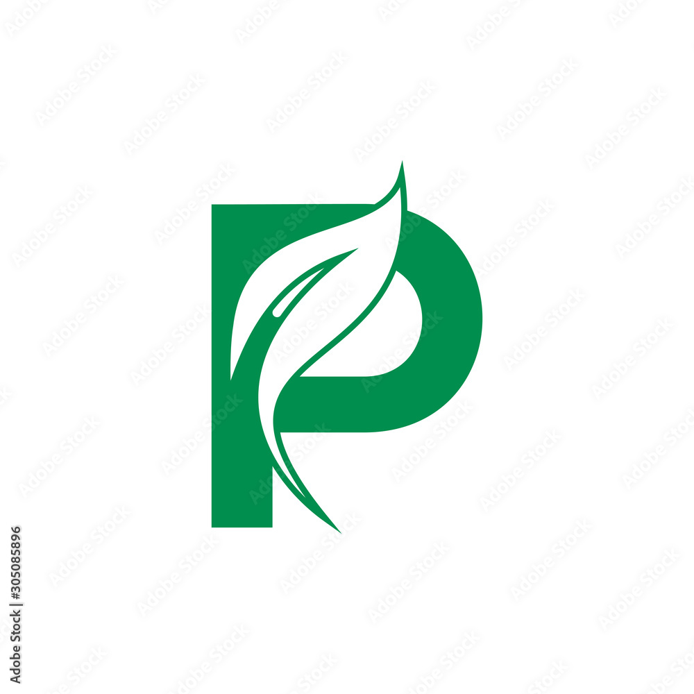 Natural Letter P Modern Alphabet Green Logo Vector With Leaf. Organic