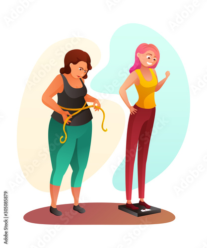 Sad overweight woman and happy thin lady cartoon