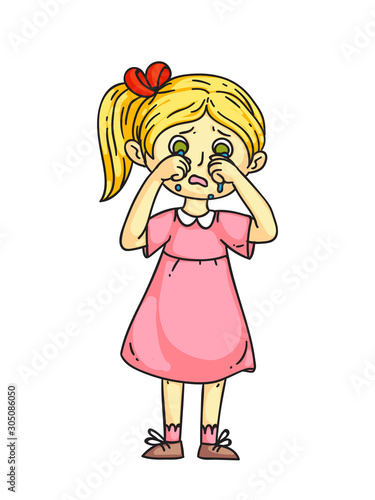 Girl kid crying after quarrel flat cartoon. Sad, offended children. Childhood. Emotions and expressions. Vector illustration.