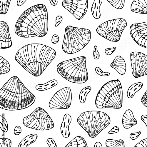 Shells seamless pattern. Hand drawn coloring page. Stock vector illustration.