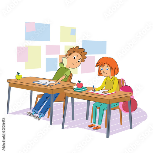 School test cheating flat vector illustration. Schoolmates, classmates in uniform cartoon characters. Kids writing quiz, cheater boy peaking exam answers. Children breaking rules, bad behavior.