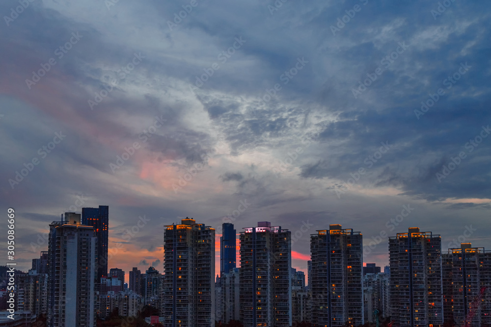 Sunset sky over the residential area of the metropolis