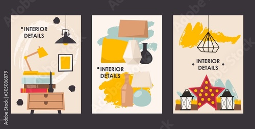 Interior design details, set of banners, vector illustration. Flat style poster for furniture store, online shopping for home decoration. Interior shop advertisement flyer