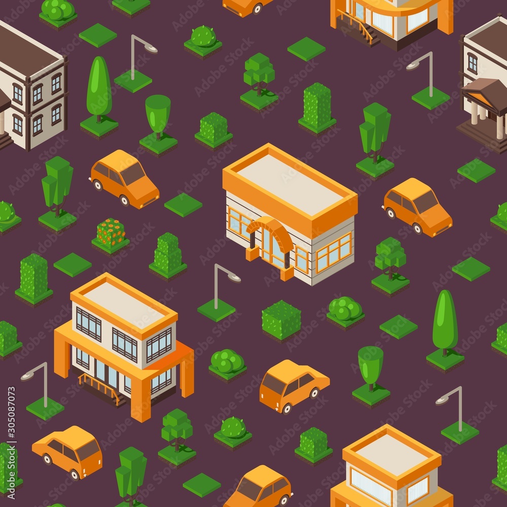 Isometric seamless pattern, vector illustration. Set of buildings and cars in geometric perspective. Isometric background for game or map. Town street with houses