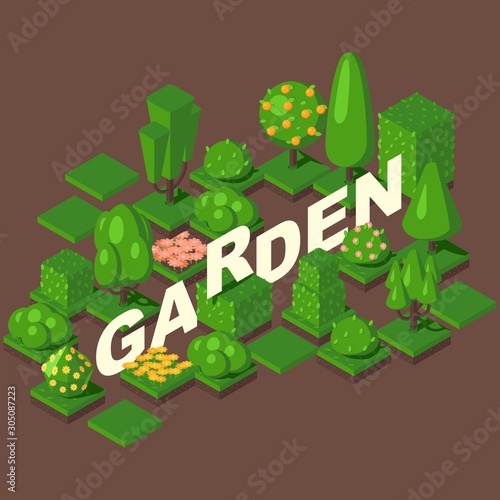 Isometric garden set, vector illustration. Green trees, bushes and flowerbeds for game or map. Title letters in geometric perspective, gardening store brochure cover