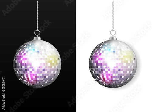 Vector realistic image of silver disco ball with bright color flares