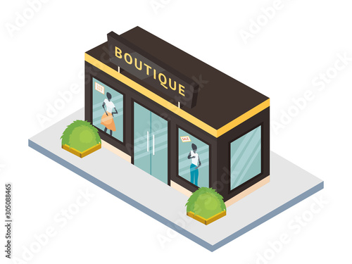 Fashion store flat vector illustration. Luxury style boutique isolated on white background. Isometric clothing shop facade exterior. Storefront with dummies in showcase. Shopping mall.
