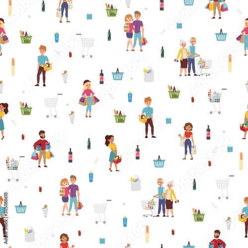 Shopping people seamless pattern, vector illustration. Cartoon characters in flat style, set of isolated icons. Customers in food shop, happy buyers with bags in shopping mall