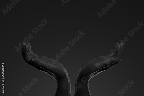 Realistic black human hands with empty space as showcase isolated on black background. 3d rendering.