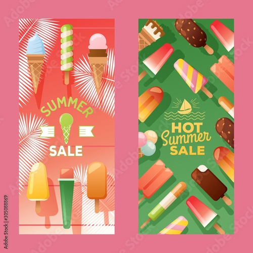 Ice cream store banner, vector illustration. Colorful advertisement flyer, summer sale creamery promotion. Selection of tasty frozen desserts, delicious treats. Typography banner