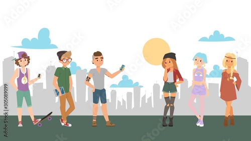 Teenagers meeting in city, vector illustration. High school students, cartoon characters in modern fashion outfits. Teen boys and girls meet each other, smile and flirt